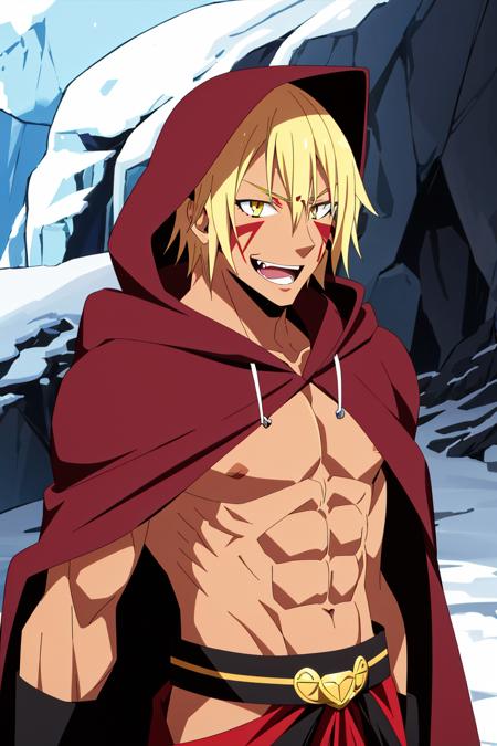 tensura, 1boy, solo, male focus, muscular, abs, blonde hair, yellow eyes, anime coloring, open mouth, smile, cloak, facial mark, fangs, looking at viewer, dark skin, dark-skinned male, hood, cave, ((masterpiece))  <lora:tensura_offset:1>