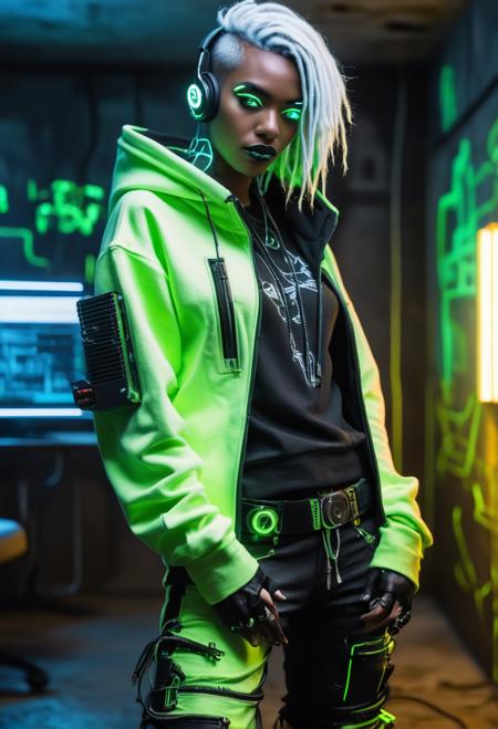 score_9, score_8_up, score_7_up  zPDXL3  (shadowy cyberpunk hacker) young woman, black american, dark skin, hazel eyes, Average build, long platinum blonde spiked hair, nose piercing,multiple facial piercings, wearing a cyberpunk neon green tech-infused hoodie, reinforced pants with gadget holsters, platform boots with neon highlights, tech headset,neon tattoos, EMP device, set in a hidden cyberpunk bunker, with glowing screens, metallic walls, futuristic furniture  zPDXLrl