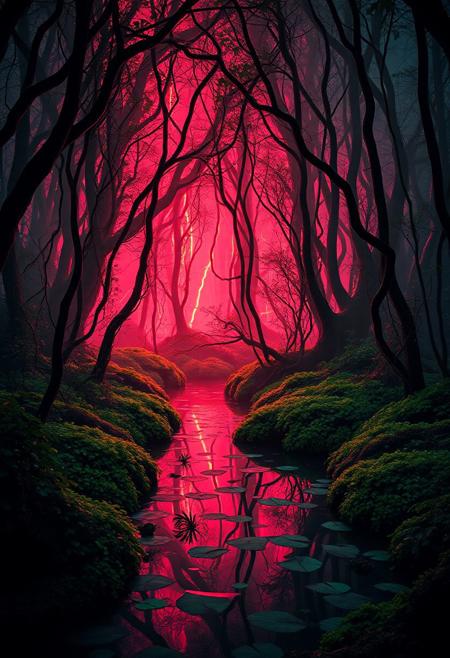 stark swamp lighting, (low quality:-1.2), (smooth surfaces:-1.4), (emphasis on sharp geometric forms:1.6), (overloaded multichromatic colors:1.6), dystopian vibe, (noisy:-1.1), brutal edges, (bad composition:-1.3), psychedelic tones, infinite geometry in foliage, fractured geometry, recursive shapes in the landscape, (disjointed anatomy:-1.3), (polished:-1.3), photorealism, (cartoonish:-1.1), rigid structure, saturated hues, (overly ornate:-1.5), intricate fractal structures, fractal patterns in moss, sculptural appearance, (blurry:-1.2), neon glow from bio-luminescent plants, (ugly:-1.3), unsettling, primal aesthetic, fragmented reflections in water, high resolution, interlocking vines, minimal details,angular shapes, (soft lighting:-1.2), intersecting planes of water and plants, exaggerated features