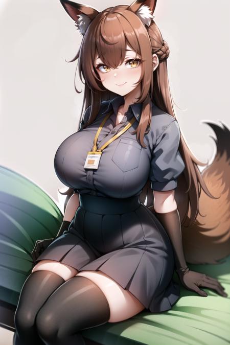 best quality, solo,<lora:Frankav1:1>, Franka, 1girl, solo, long hair, breasts, looking at viewer, blush, smile, bangs, skirt, large breasts, simple background, brown hair, shirt, thighhighs, gloves, white background, animal ears, hair between eyes, brown eyes, sitting, very long hair, closed mouth, tail, short sleeves, black gloves, elbow gloves, collared shirt, black skirt, animal ear fluff, fox ears, fox tail, fox girl, single thighhigh, grey shirt, asymmetrical legwear,