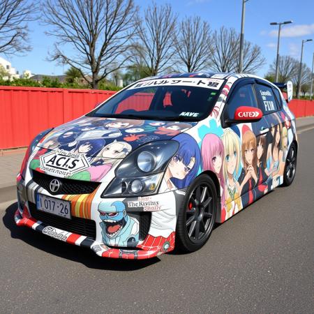 a car decorated with images of characters from anime,paint schemes and stickers.