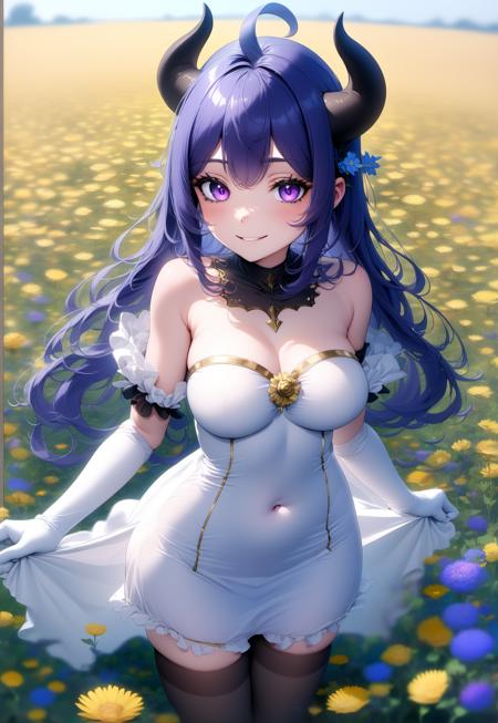 1girl, black pantyhose, blue flower, blue hair, detached sleeves, dress, elbow gloves, flower field, gloves, gold trim, horns, medium breasts,  long hair, purple eyes, upper body, smile, thighlet, white dress, white sleeves, arms behind back, sfw, dress