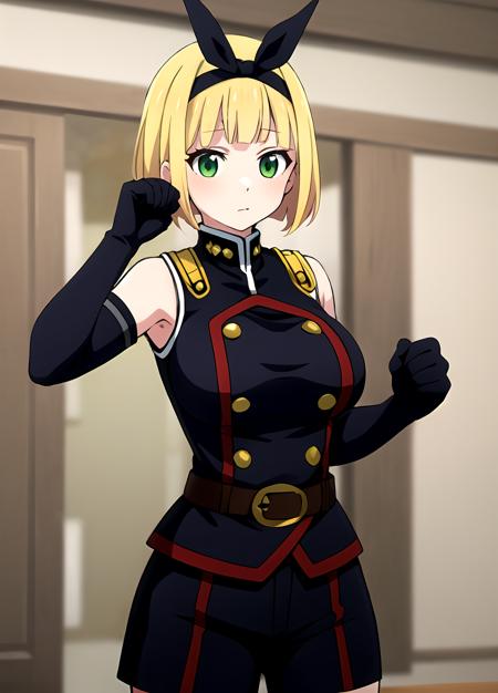 masterpiece, best quality, <lora:Shushu Suruga  anylora19r42r-000006:0.7>, uniform,  gloves, elbow gloves, belt, black gloves, shorts,  black shorts, Shushu Suruga, 1girl, yellow hair, green eyes, looking at viewer, short hair, large breasts, hairband, bangs,  upper body, hands down