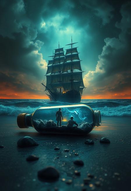 A bottle washed ashore, containing not a message, but a miniature, living storm.
dark cinematic maritime fantasy, mysterious cyberpunk figures, dramatic stormy seascapes, glowing celestial skies, painterly textures, intense chiaroscuro lighting, mythic futuristic sailors, towering ghostly ships, misty neon-lit ocean horizons, surreal atmospheric depth, moody golden-hour glow, cybernetic explorers, cosmic sea voyages, gritty yet luminous color palette, surreal dreamlike oceanic landscapes