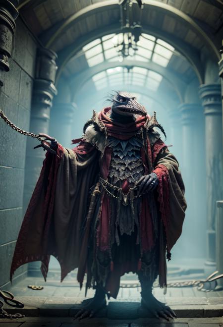 skeksil, solo, skeksis wearing tattered robes in a dungeon with chains  <lora:Skeksis:1>