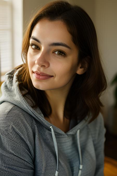 Photo of woman lidiasav, no makeup, face closeup shot, excited, no lipstick, wearing hoodie, sunny, at home, bokeh