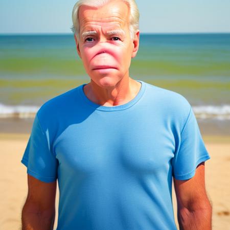 joe biden, beach<lora:nose_remover-000033:1.1>, t-shirt