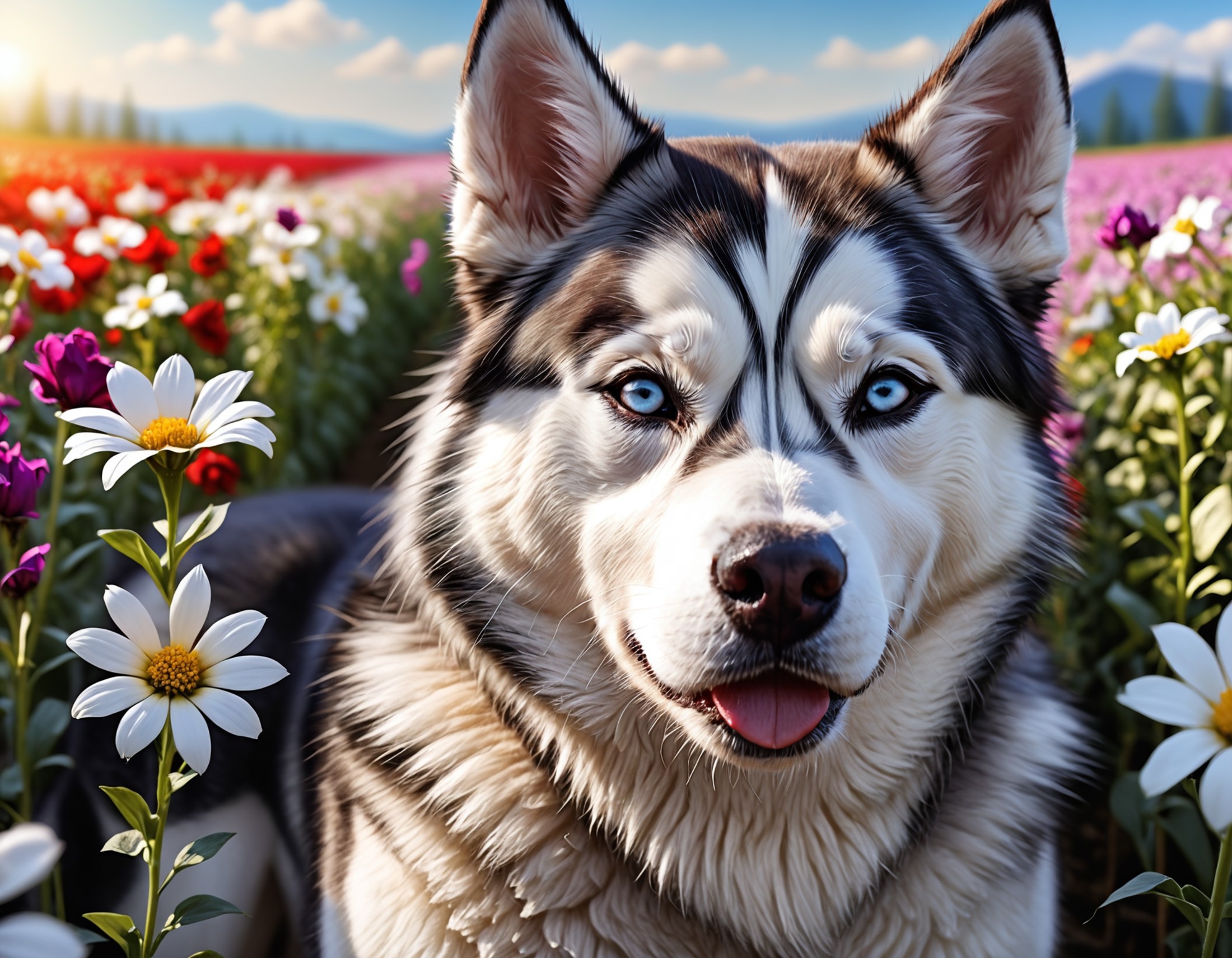 Beautiful husky inside a flower field , detailed, realistic, 8k uhd, high quality
