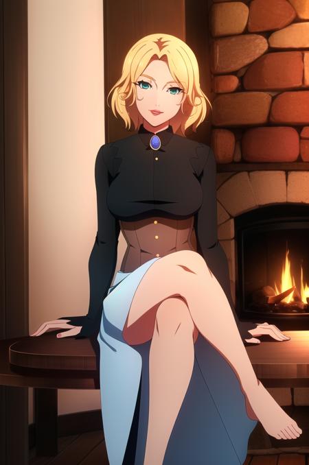 (masterpiece), high quality, (detailed background), 1girl, solo,
<lora:CastlevaniaTera-v1-07:0.7>, ChopioTera, blonde hairs, medium hair, green eyes, (looking at viewer:1.3),
(mature female:1.5), medium breasts, wrinkle
lipstick, red lips,
outfit_1, black dress, brooch, gem, long sleeves, brown corset, underbust, blue skirt, bustle skirt,
log cabin, sunny, table, fireplace, chimney, indoors,
sitting, smile, parted lips, crossed legs, bare legs,