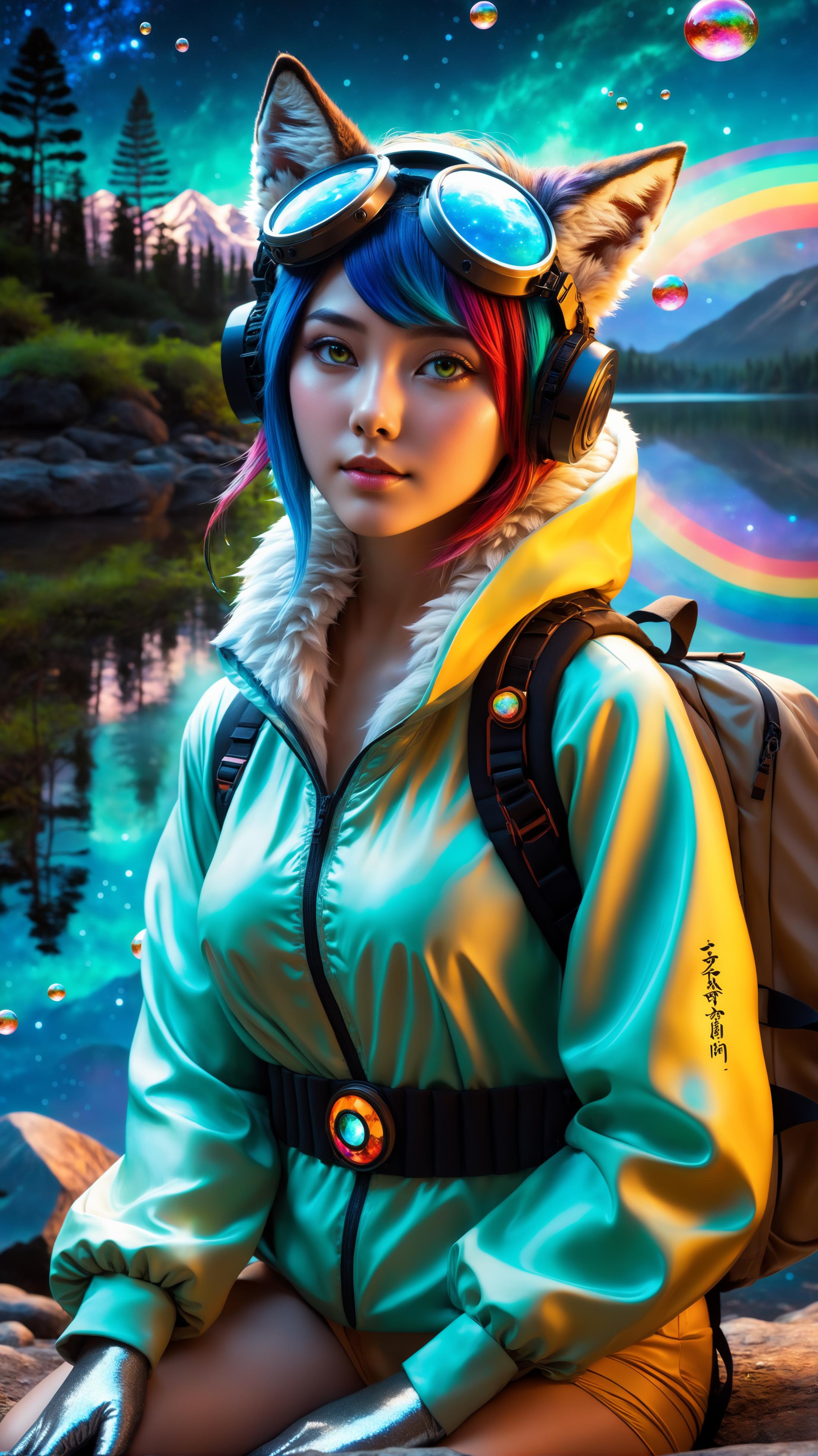 A colorful cartoon woman with a backpack and headphones on.