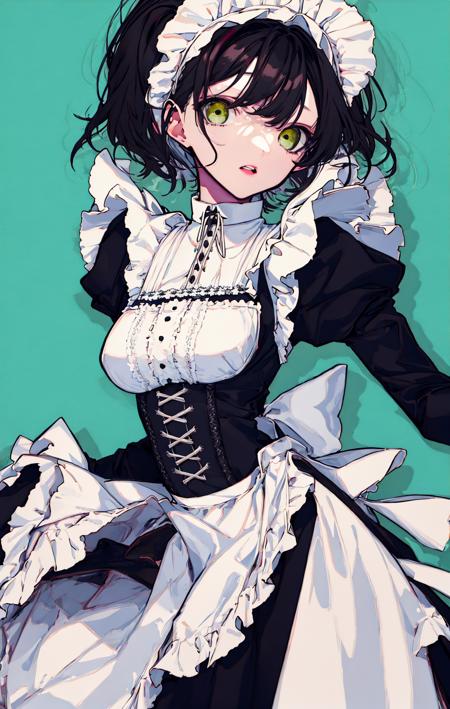 1girl, alternate_costume, apron, armband, bangs, black_dress, black_hair, breasts, collar, dress, enmaided, eyebrows_visible_through_hair, eyes_visible_through_hair, frilled_apron, frills, green_eyes, grey_background, juliet_sleeves, long_sleeves, looking_at_viewer, maid, maid_apron, maid_headdress, medium_breasts, multicolored_hair, parted_lips, puffy_sleeves, ribbon, safety_pin, short_hair, simple_background, solo, streaked_hair, underbust, waist_apron, white_apron, yellow_eyes  <lora:style_mochikei:1>