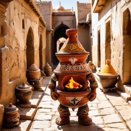 an ornate golem crafted from stacked miniature tagines, joints sealed with cinnamon resin, body painted in weathered glaze and saffron pigment, eyes glowing with trapped spice embers, walking slowly through a sunlit kasbah alley, Tagine