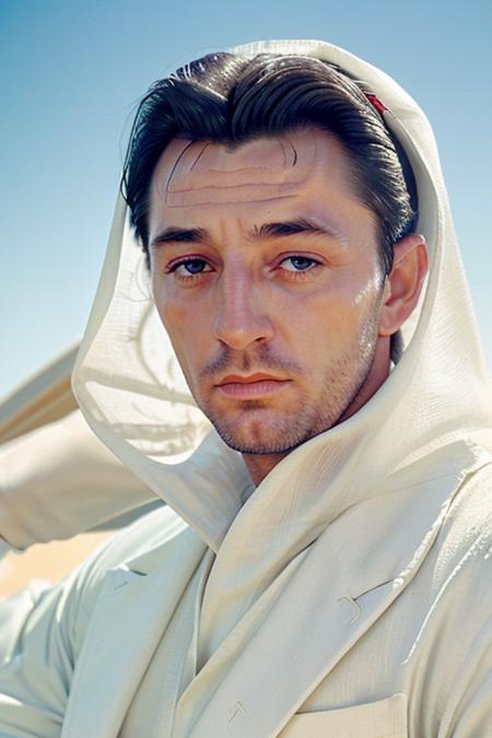 a man in a stunning white suit, long black hair, in the middle of the Sahara desert, upper body, close up, raw, 8k uhd <lora:robertMitchum:1>