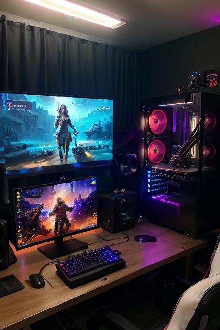 closeup of a PCMR computer with keyboard and wide screen monitors (playing a VYDIA rpg adventure with simple graphics), (computer case with rgb lights and watercooling pipes and large graphics cards) BREAK
in a modern and dark gaming room BREAK
dolly zoom, dutch angle, lens flare, sharp focus, intrincate details