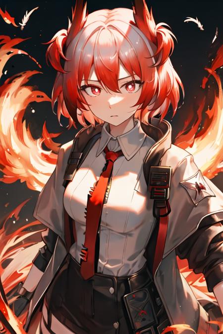 best quality, masterpiece, highres, solo, {fiammetta_arknights:1.15}, red_hair, red_eyes, short_hair, animal_ears, necktie, red_necktie, bird_ears, upper_body, hair_between_eyes, breasts, closed_mouth, feather_hair, 1girl, black_jacket, collared_shirt, fire, jacket, looking_at_viewer, open_clothes, open_jacket, shirt, white_shirt, bright_pupils