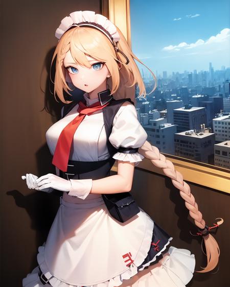 (extremely detailed CG unity 8k wallpaper),(masterpiece), (best quality), (ultra-detailed), (best illustration),(best shadow), cowboy shot, (sharp eyeliner, eyeshadow, detailed eyes:1.1), city background
,BREAK
G36, short red necktie, long braid, maid, very long hair
 <lora:(p)G36:1>