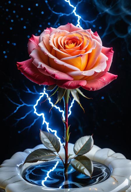 8K analog photo, A single rose flower, rose whole made of glowing lightning Liquid Marble, glossy, shimmer with magic and mystery, glow, eerie, close up, starry, minimalist, deep rich colors,