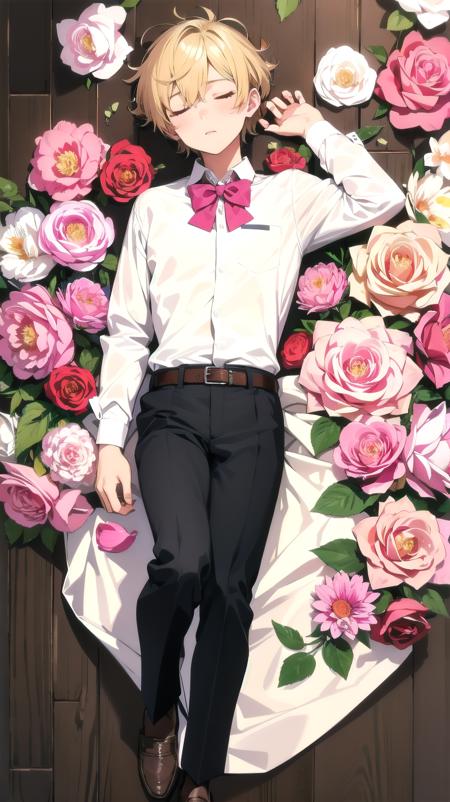 ((ultra detailed,ultra high res,detailed background)),(flat color), (lineart), (flower), pink flower, white flower, (1male), handsome, facing viewer,full body, sleeping, closed eyes, shirt, white shirt, brown footwear, bowtie, belt, shoes, black pants, long sleeves, short hair, blonde hair, black bowtie, pink rose, collared shirt, rose, loafers, petals,