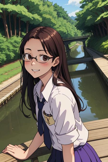 nagatoro hayase, masterpiece, portrait, official art, 1girl, high school girl, summer uniform, black hair, brown eyes, brown skin, happy, leaning on a bridge, park, trees