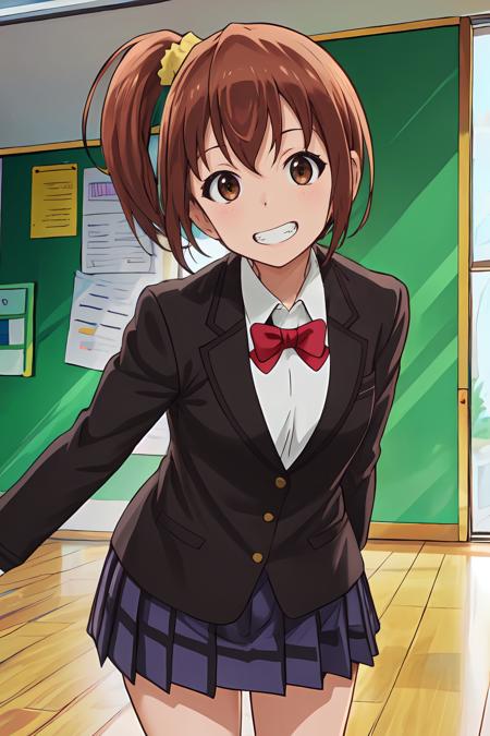 (masterpiece, best quality:1.2), highres, 1girl, solo, grin, teeth, clenched teeth, 
Kanakana_V1, brown hair, short hair, side ponytail, brown eyes, hair ornament, yellow scrunchie, 
school uniform, blazer, jacket, long sleeves, white shirt, red bowtie,  
standing, leaning forward, arms behind back, 
indoors, school, looking at viewer, upper body, 
<lora:add_detail_CyberAlchemist:0.4>, <lora:GoodHands-beta2:0.8>, <lora:KanakanaV1_1-000026:0.9>