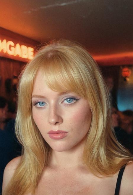 analog film photo (((EuroBabe glamorous bright stylish grainy cinematic))), (sexy busty cleavage blonde ginger, blue eyes, indoors luxury bar, neon lights), (film grain:1.5) . faded film, desaturated, 35mm photo, grainy, vignette, vintage, Kodachrome, Lomography, stained, highly detailed, found footage