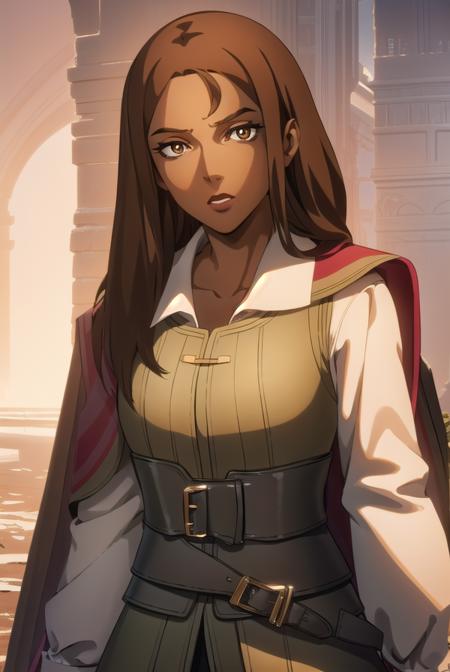 greta, long hair, brown hair, (brown eyes:1.5), dark skin, dark-skinned female, shirt, long sleeves, white shirt, boots, belt, pants, cape, black footwear, vest, knee boots,