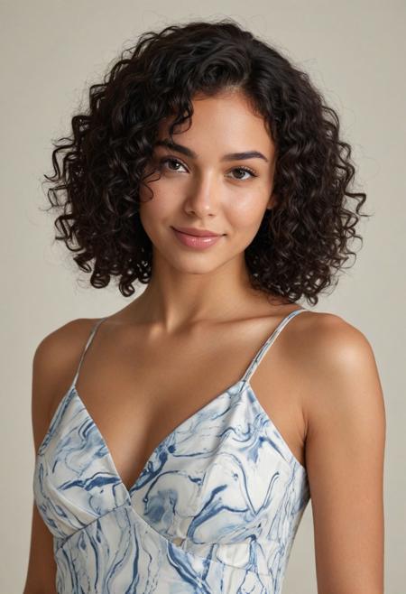 creat a confident and stylish young woman with voluminous, shoulder-length natural black curls, warm tan skin, soft facial features, and a beauty mark near her lips. She is wearing a silky, blue-and-white marble-pattern dress with thin straps. She looks directly at the camera with a subtle, playful smirk. The lighting is soft and warm, highlighting her facial features and skin tone. The background is clean and minimal — solid light beige or soft off-white, studio-style, with no distractions. Portrait orientation, upper body in frame. Elegant, modern, lifestyle-influencer aesthetic.