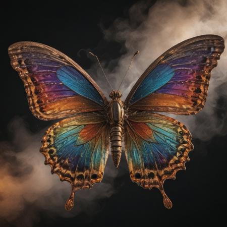 A clockwork butterfly hovering in front of a blank black background, steam evaporating from its wings Warm sunset lighting with a rainbow color scheme. 8k resolution, crazy details, cinematic, highly intricate, mesmerizing, extremely detailed.