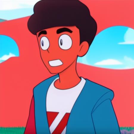 portrait of a young man smiling, red clothes, blue sky and clouds, steven universe style <lora:Steven Universe Style:0.5>