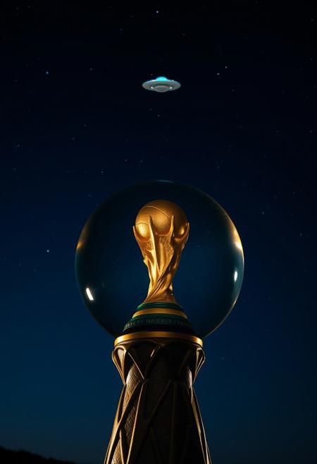 Against a dark background, inside the crystal ball of a golden World Cup trophy was an unreal world. In the deep blue night sky, dotted with stars, a small UFO stopped in the distant sky.