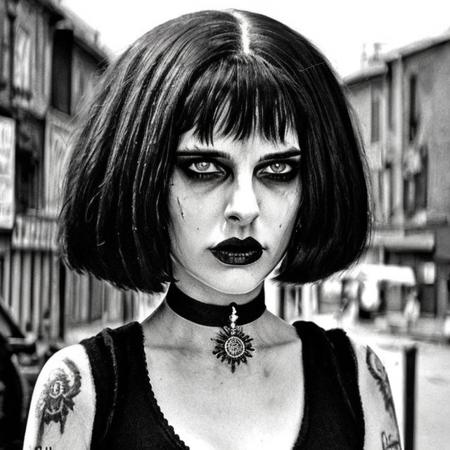 <lora:matilda_lora:1>, a drawing art style cartoon anime, slim sad gloomy goth corpse paint makeup female at street aiming two guns, detailed face look at camera, raw, intricate, high quality, 8K,