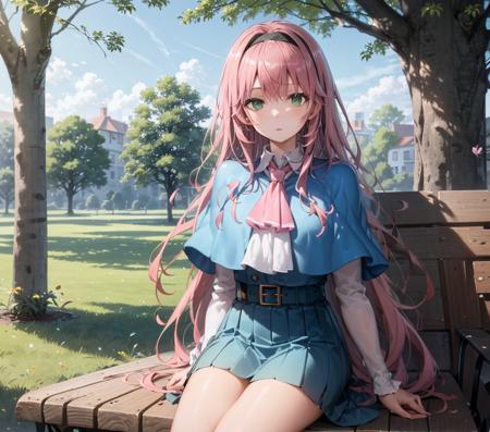 <lora:Hatsu2-10:0.7>, green eyes, pink hair, long hair, sitting, park bench, trees, sky, flowers, park, portrait, (blue skirt, white shirt, capelet, ascot, skirt, belt:1.0), (blue capelet:1.2), (yellow ascot:0.9)