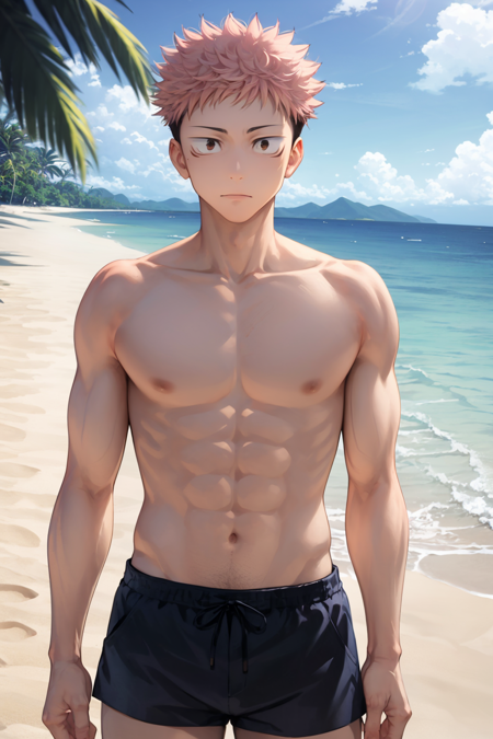 masterpiece, best quality, 1boy,  itadori yuuji, pink hair, spiked short hair, undercut, brown eyes, facial mark,  topless male, pectoral, abs, shorts, standing, solo, looking at viewer, sea, sand, blue sky, tropical island background <lora:Itadori:1>