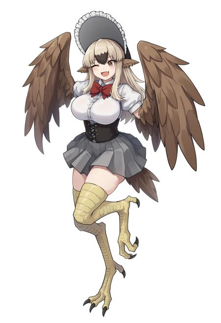 dodo54dr, 1girl, solo, harpy, brown hair, animal ears, monster girl, large breasts, breasts, hair between eyes, brown wings, bird tail, tail, bird legs, long hair, winged arms, brown eyes, black skirt, bow, maid headdress, shirt,  bowtie, white shirt, red bow, brown thighhighs, high-waist skirt, zettai ryouiki, belt, frills, bangs, skirt, thighhighs,