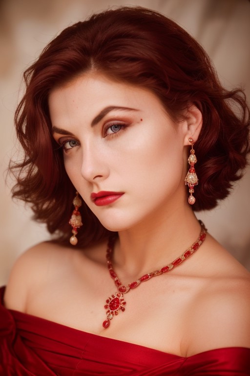 (Award Winning Photo:1.3) of (Masterpiece:1.3),(Sad:1.3) a woman, RAW photo, a woman in red dressed, jewerly in hair, (hig...