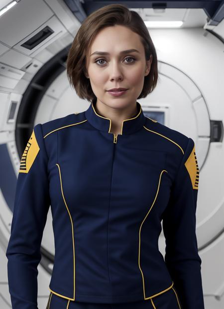 best quality, 1girl, solo, breasts, elizabeth_olsen, wearing (blue allianceuniform) in a space station, short hair,  looking to the side , upper body, black hair,  brown eyes, professional photography, ultra detailed, <lora:elizabeth_olsen_v3:0.6:FACE>,   <lora:allianceuniform:0.6:DEFACE>