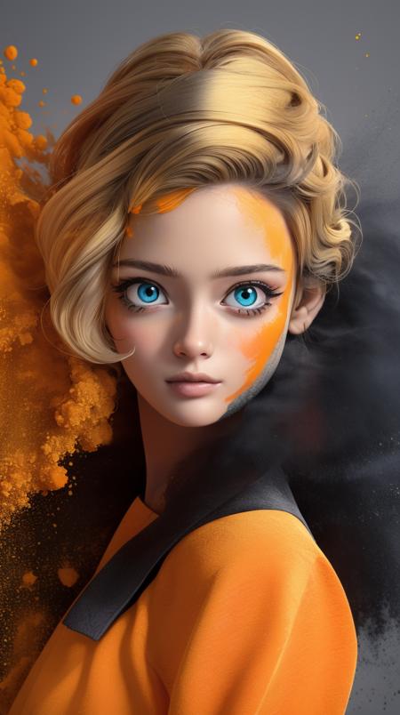 <lora:Sexy-German:1> blonde long hair, blue eyes, black powder, orange powder and yellow powder splashes on background, high quality photography, <lora:powder_v1.0:1>   CS-OBG