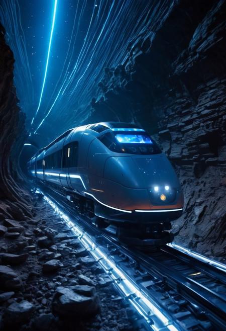 A SCI-FI levitating train flies off into the distance between the rocks on the asteroid cosmos. There is a lot of light and optical luminous cables of different colors on the case. Glowing stripes and lines. The train is powered by an ion jet engine. Technologically, the blue glow from the nozzle. The atom style is punk. The hull has a fantastic shape. lots of glass and titanium. There are ion platforms instead of wheels. Cinematic. stars.soft focus, hyperdetailed photography, soft light, cover