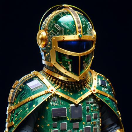 a knight in full armor made of overlapping circuit layers, joints articulated with gold-plated traces, helmet visor shaped from darkened LCD panel glass, power core glowing beneath a transparent CPU shield, cape woven from soldered ribbon cables, pcb_style