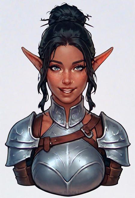 score_9, score_8_up, score_7_up, score_6_up, score_5_up, score_4_up , solo, fantasy dnd rpg elf ranger woman, black hair, hong hair, high pony tail, dark tan skin, freckles, elf ears, sophisticated, happy, friendly, white pupis, guild mistress, guild leader, pouches, reinforced leather armor, face detail, high quality