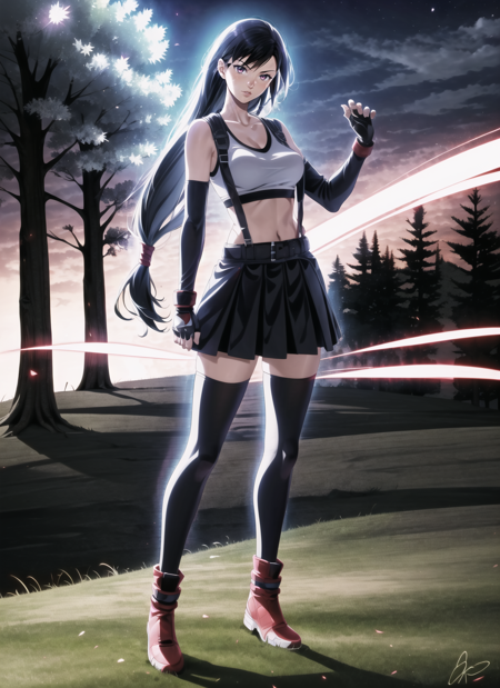 ultrainstinct, <lora:ultrainstinct_v3_offset:1> 1girl, aura, (masterpiece, best quality), (outdoors), full body, tifa lockhart, detailed background, night, trees, grass, nature,   <lora:tifa_lockhart_offset:0.8> final fantasy vii remake, 1girl, ankle boots, black hair, black skirt, black thighhighs, boots, crop top, elbow gloves, elbow pads, fingerless gloves, full body, gloves, lips, long hair, looking at viewer, low-tied long hair, medium breasts, nose, red eyes, red footwear, signature, single elbow pad, skirt, solo, sports bra, suspender skirt, suspenders, tank top, thighhighs, white tank top,