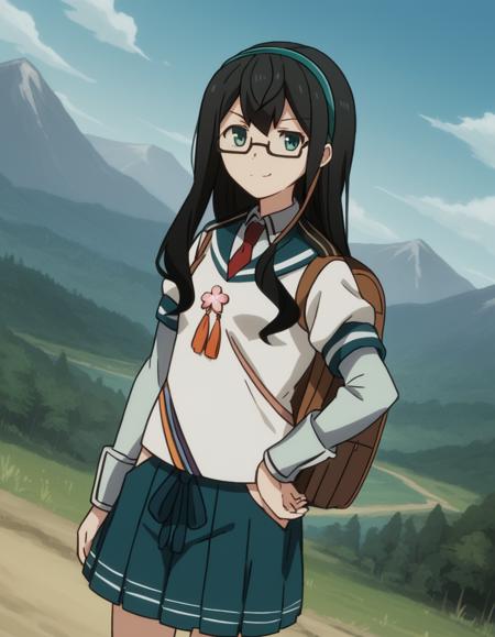 ooyodo, long hair, blue eyes, black hair, green eyes, hairband, glasses, semi-rimless eyewear, under-rim eyewear, ooyodo (kancolle) skirt, long sleeves, school uniform, pleated skirt, necktie, serafuku, sailor collar, blue skirt, red necktie, hip vent,