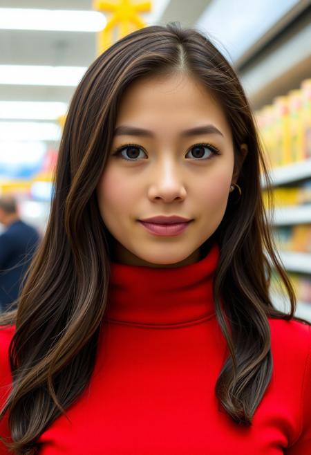 The image is a close-up portrait of a young woman pokimane, wearing a red turtleneck dress. She has dark brown hair and brown eyes. She is in walmart, Pokimane
