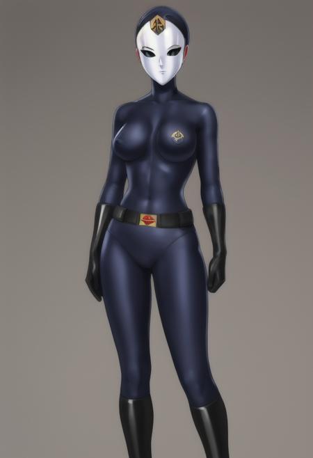 high resolution, masterpiece, high quality, promo art, Zofa Soldier, whitemask, forehead emblem, navy blue bodysuit, no hair <lora:ZofaSoldiers-000001:1>