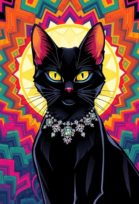 A hyper-stylized anime witch cat, blending the opulent, geometric patterns of Art Deco with the bold, vibrant colors of Pop art. The cat, a sleek, black feline with a sparkly, crystal-encrusted collar, is surrounded by a halo of bright, poppy colors and ornate, Art Deco patterns. The cat's eyes glow with a bright, shining light, adding a touch of magical, supernatural energy to the image. The background is a swirling, geometric landscape of chevrons, zigzags, and other Art Deco motifs, all rendered in bold, poppy colors. The cat's fur is depicted in a stylized, geometric pattern, with each strand rendered as a bold, Art Deco-inspired shape. The overall effect is one of vibrant, eye-popping energy, as if the viewer is gazing into a kaleidoscope of colors and patterns. highest-Quality, intricate details, visually stunning, Masterpiece