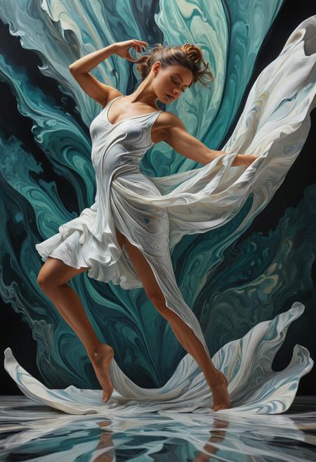 liquid marble, A dancer in a theatrical pose, their body rendered in muscular Szukalski-style precision, yet wrapped in swirling Fauvist patterns
photorealism meets painterly abstraction, soft blurred edges, atmospheric depth, layered textures, muted yet dynamic color palette, motion and stillness interplay, expressive brushstrokes over realistic forms, ethereal lighting, dreamlike yet grounded compositions, subtle distortion, emotional ambiguity, contemporary fine art aesthetics, balance of control and spontaneity