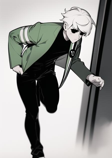 <lora:benuaf-09:1> benuaf, 1boy, white hair, full body, green jacket, black pants, masterpiece, best quality