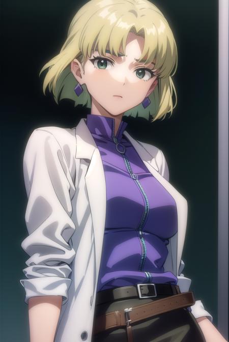 ritsukoakagi, <lyco:ritsuko akagi rebuild-lyco-nochekaiser:1>,
ritsuko akagi, short hair, blonde hair, mole, mole under eye, (parted bangs:1.5), (green eyes:1.5),
BREAK lipstick, skirt, jewelry, pantyhose, earrings, belt, pencil skirt, labcoat, shirt, purple shirt, turtleneck, zipper,
BREAK indoors, laboratory,
BREAK looking at viewer, (cowboy shot:1.5),
BREAK <lyco:GoodHands-beta2:1>, (masterpiece:1.2), best quality, high resolution, unity 8k wallpaper, (illustration:0.8), (beautiful detailed eyes:1.6), extremely detailed face, perfect lighting, extremely detailed CG, (perfect hands, perfect anatomy),