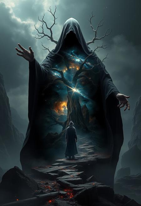 A universe inside a dark cloaked figure within mysterious landscape in an unfathomable realm of fantastic creation inhabited by ancient shadows of a forgotten time beyond the gate of the gateless gate where life is limitless, light is shadow and shadow is light, eerie sense, horror, spark of the beginning, existence and nonexistence at once, ethereal, outstretched arms, behold the end of the beginning, inglorious glory to the dark one, betrayal of the ancient order, beware the 7headed beast, destroyer of the old ways, bearer of the unbearable, nightmarish, archaic runes, tree aging backwards, breath of the gods, ruins of a place unimagined, extreme intricate detail, photorealistic, beyond epic scene, fate discarded