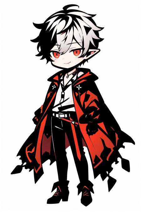 <lora:cute_flatline:1>, virtual youtuber, 1boy, male focus, solo, black footwear, colored skin, white gloves, boots, white background, gloves, pointy ears, red cape, black pants, pants, standing, vampire, white shirt, red eyes, facial hair, simple background, shirt, long sleeves, cape, closed mouth, purple skin, full body, frills, beard, jacket, black jacket, white hair, smile, looking at viewer, collarbone, grey skin, jewelry, black cape, knee boots, blue skin, belt buckle, center frills